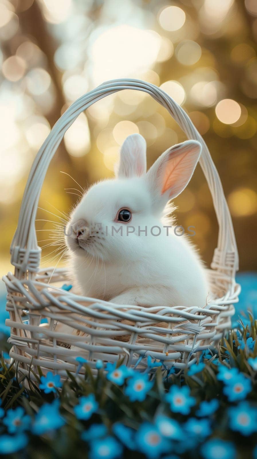 Beautiful Furry Easter Rabbit Bunny on Sunny Meadow. Bokeh Lights, Spring Garden, Traditional Easter Scene. Ai generated