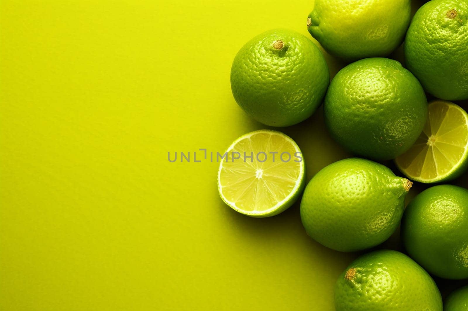 A collection of fresh limes on a vibrant yellow background, one halved.