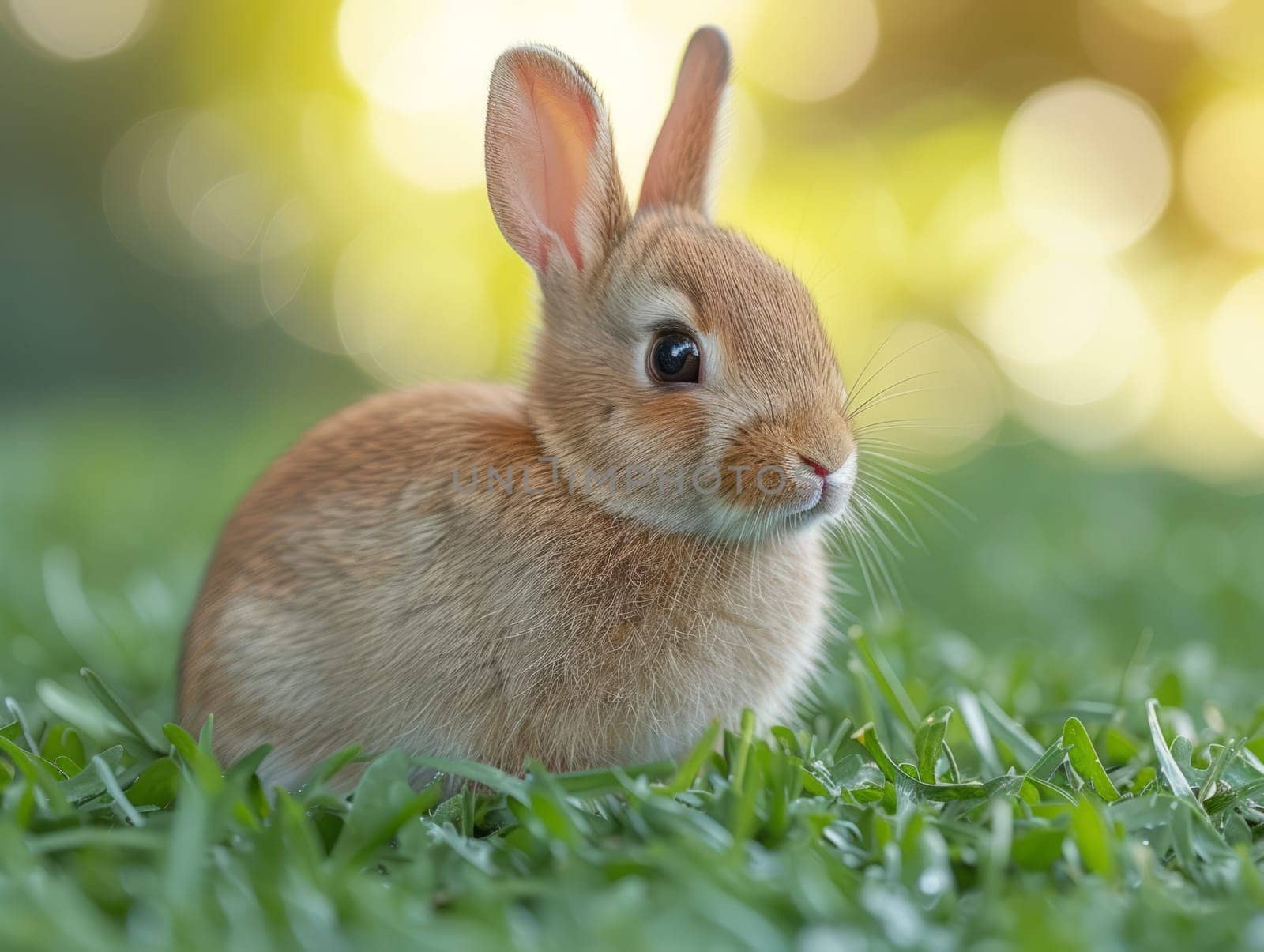 Beautiful Furry Easter Rabbit Bunny on Sunny Meadow. Bokeh Lights, Spring Garden, Traditional Easter Scene. by iliris