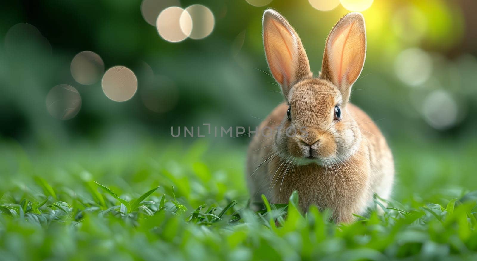 Beautiful Furry Easter Rabbit Bunny on Sunny Meadow. Bokeh Lights, Spring Garden, Traditional Easter Scene. by iliris