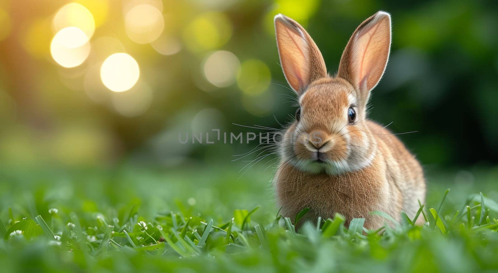 Beautiful Furry Easter Rabbit Bunny on Sunny Meadow. Bokeh Lights, Spring Garden, Traditional Easter Scene. Ai generated