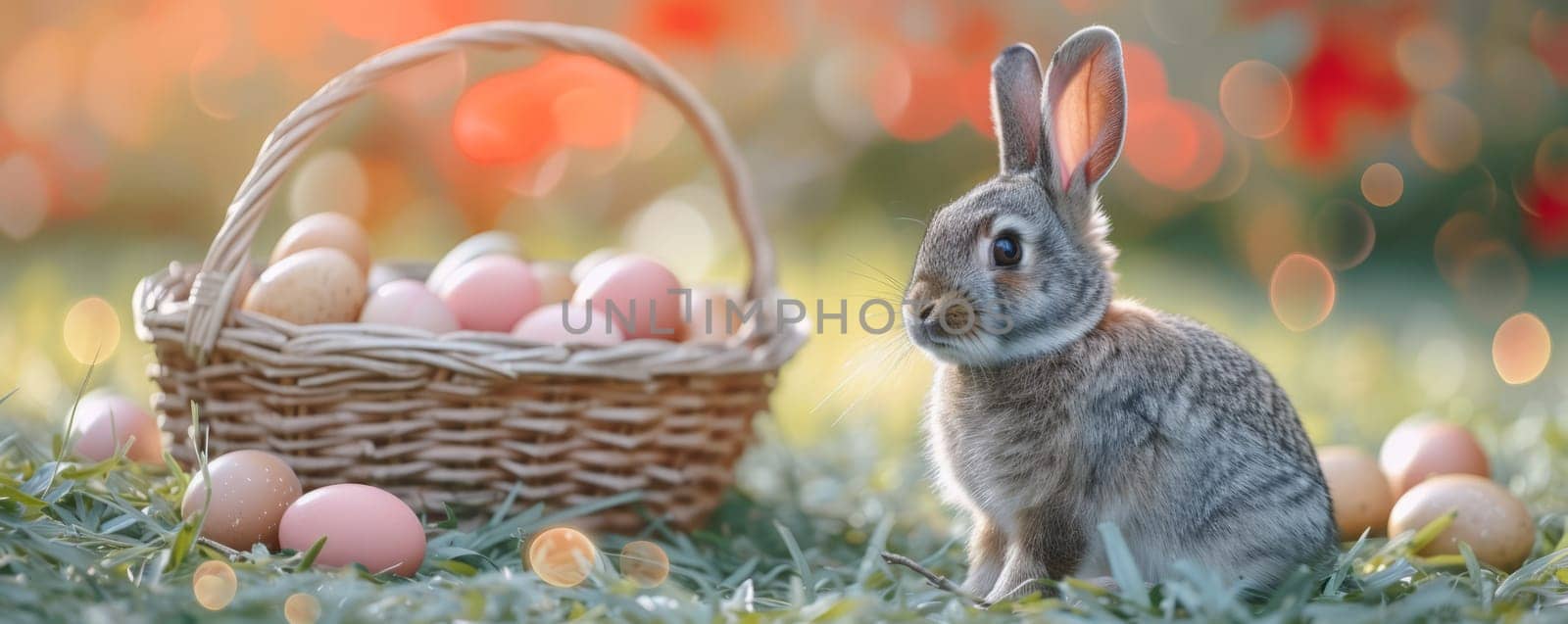 Beautiful Furry Easter Rabbit Bunny on Sunny Meadow. Bokeh Lights, Spring Garden, Traditional Easter Scene. by iliris