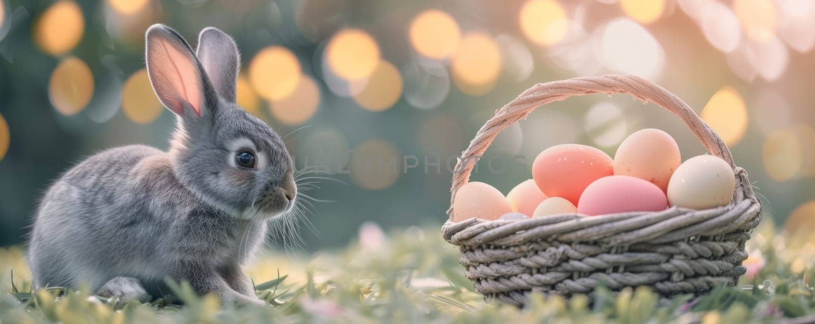 Beautiful Furry Easter Rabbit Bunny and Easter Eggs in Basket on Sunny Meadow. Bokeh Lights, Spring Garden, Traditional Easter Scene. by iliris