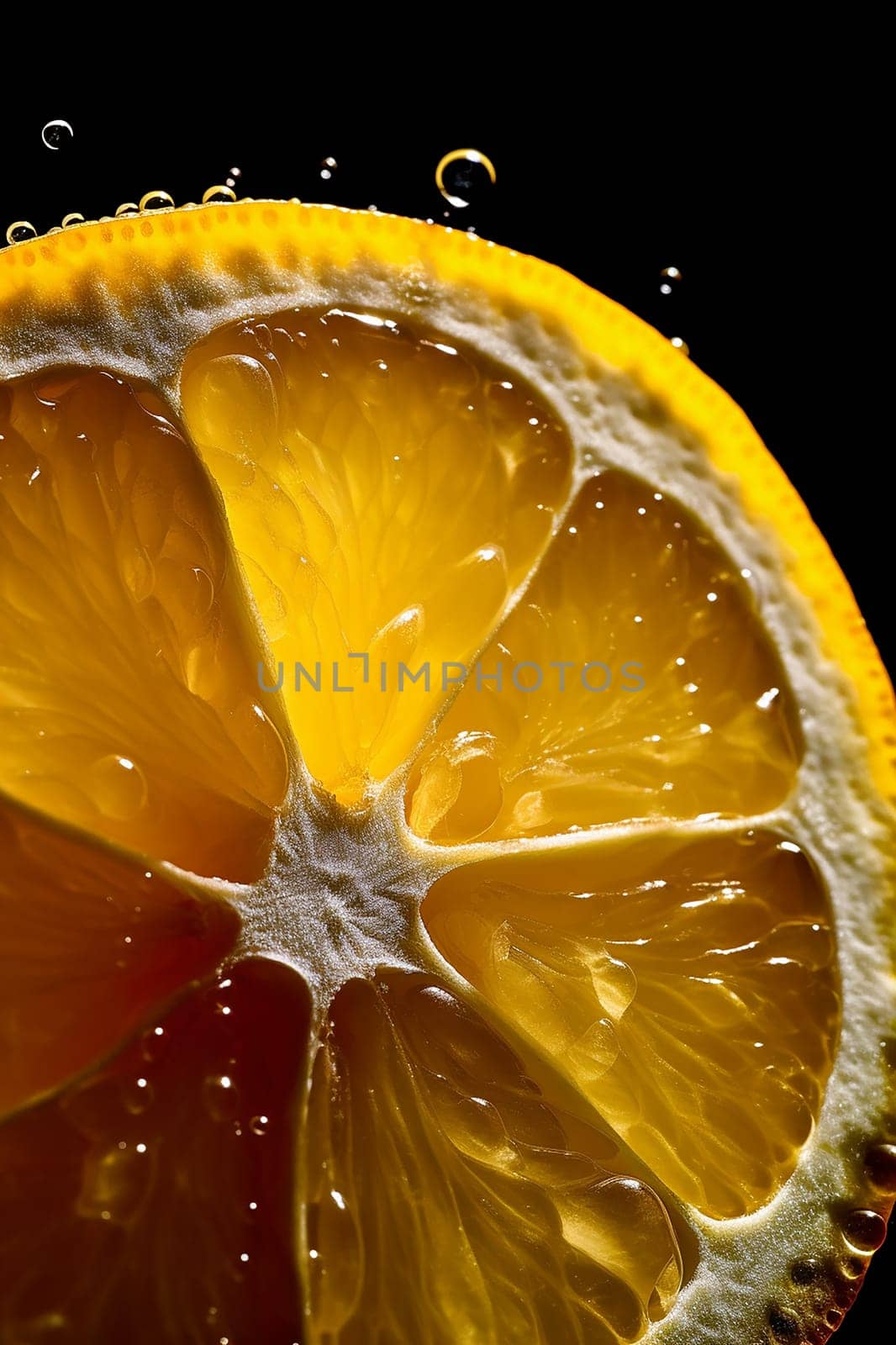 Close-up of a juicy, fresh orange slice with water droplets against a black background. by Hype2art