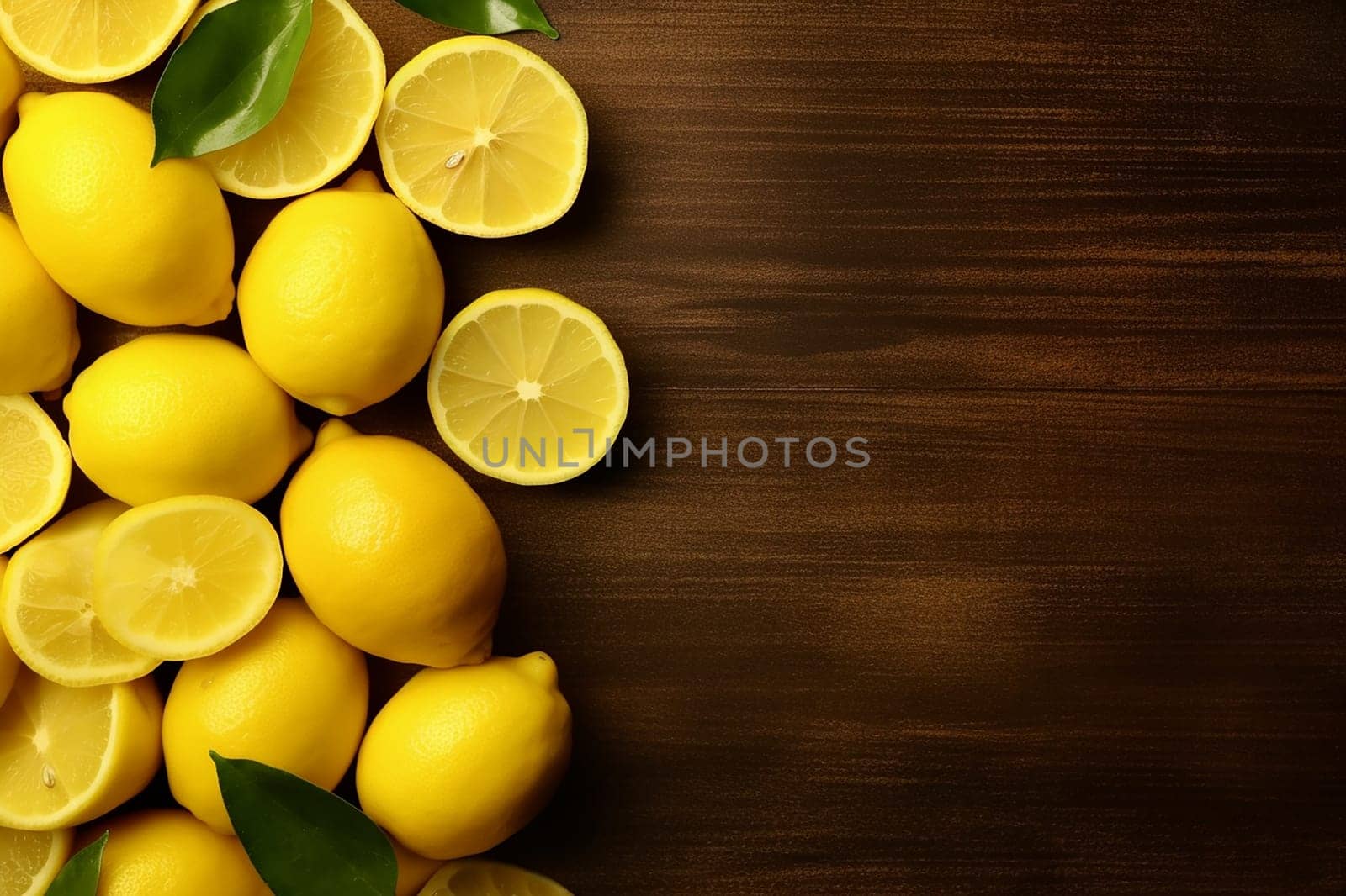 Assortment of fresh lemons with leaves on wooden background