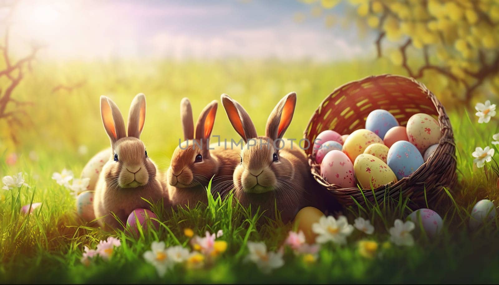 Three bunnies beside a basket of colorful Easter eggs in a sunny meadow by chrisroll