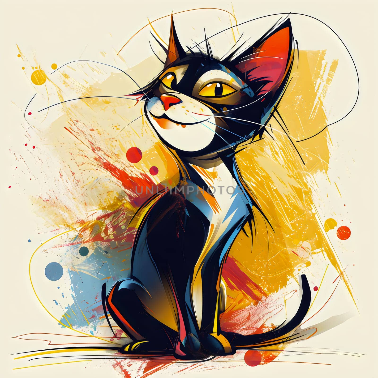 A vibrant and playful cat illustration art with bold abstract splashes by chrisroll