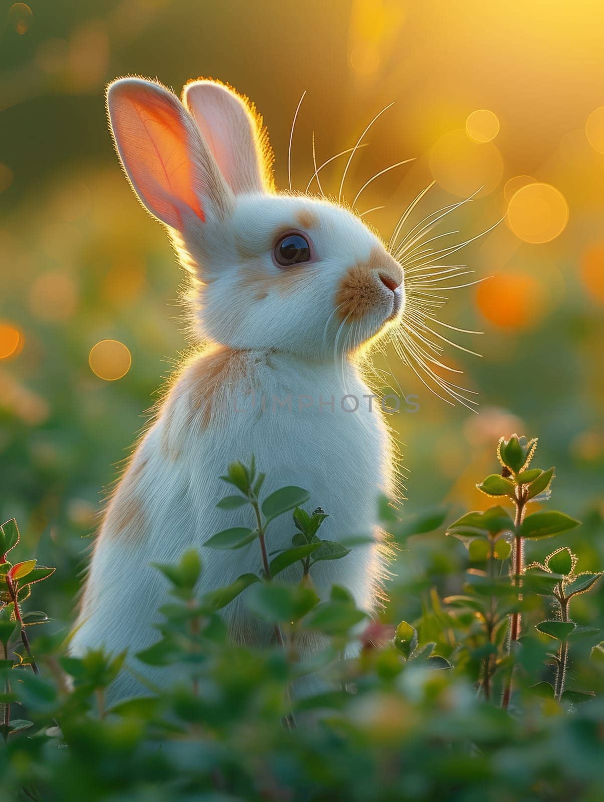 Beautiful Furry Easter Rabbit Bunny on Sunny Meadow. Bokeh Lights, Spring Garden, Traditional Easter Scene. by iliris