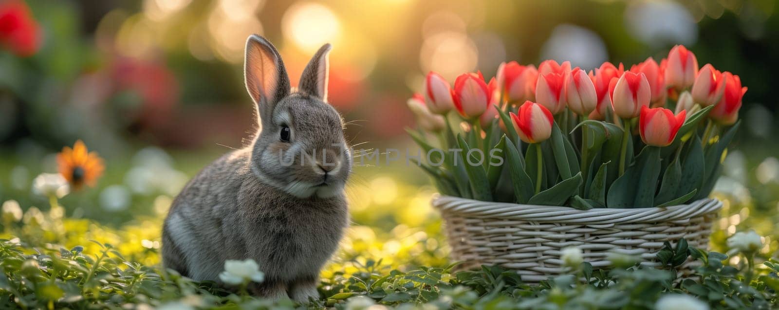 Beautiful Furry Easter Rabbit Bunny on Sunny Meadow. Bokeh Lights, Spring Garden, Traditional Easter Scene. by iliris