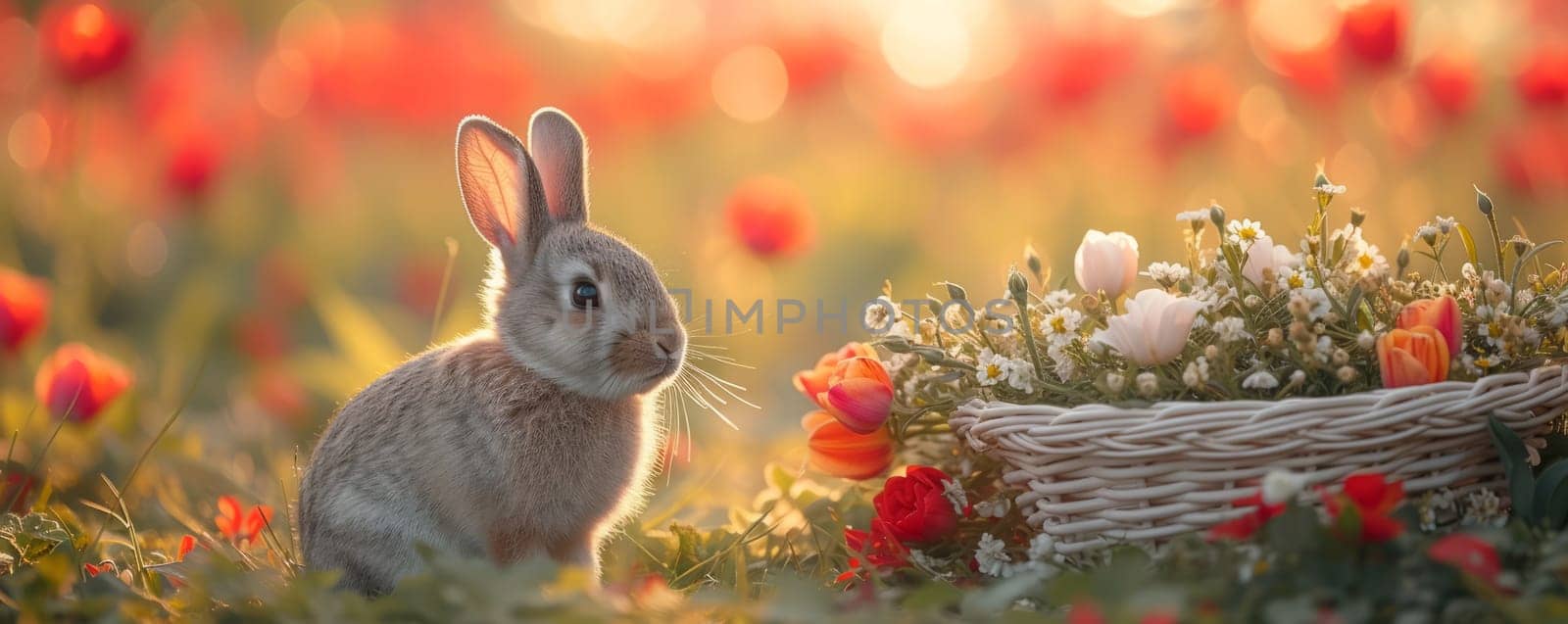 Beautiful Furry Easter Rabbit Bunny on Sunny Meadow. Bokeh Lights, Spring Garden, Traditional Easter Scene. by iliris