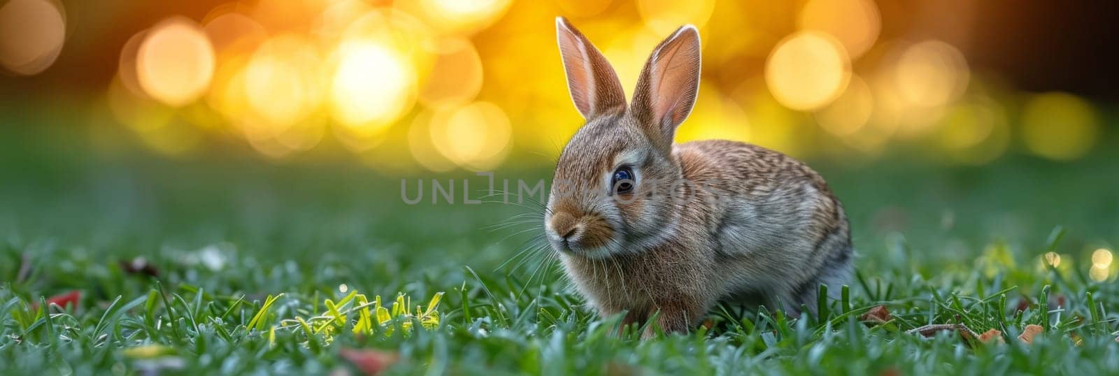 Beautiful Furry Easter Rabbit Bunny on Sunny Meadow. Bokeh Lights, Spring Garden, Traditional Easter Scene. Ai generated