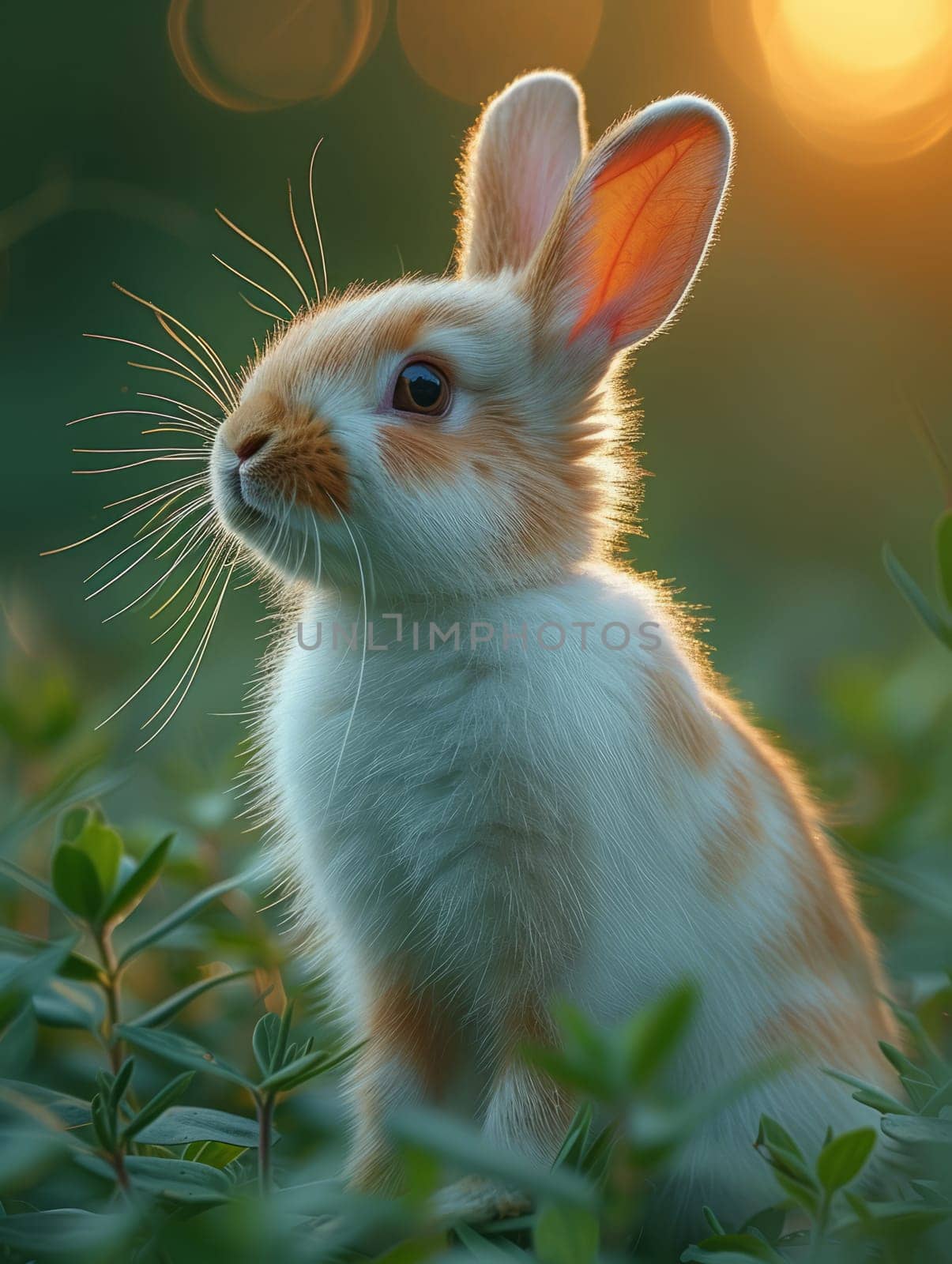 Beautiful Furry Easter Rabbit Bunny on Sunny Meadow. Bokeh Lights, Spring Garden, Traditional Easter Scene. Ai generated