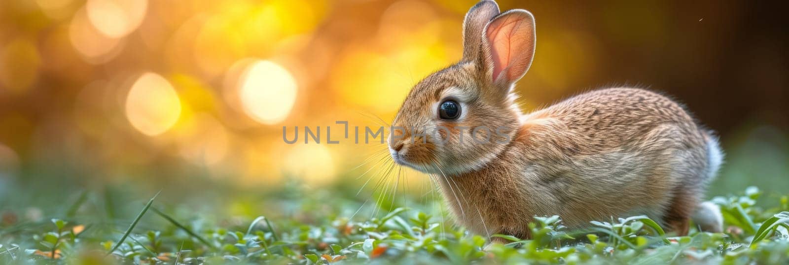 Beautiful Furry Easter Rabbit Bunny on Sunny Meadow. Bokeh Lights, Spring Garden, Traditional Easter Scene. by iliris