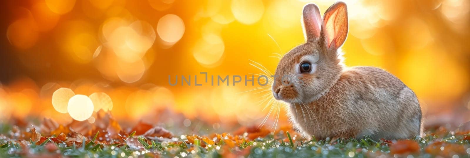 Beautiful Furry Easter Rabbit Bunny on Sunny Meadow. Bokeh Lights, Spring Garden, Traditional Easter Scene. Ai generated