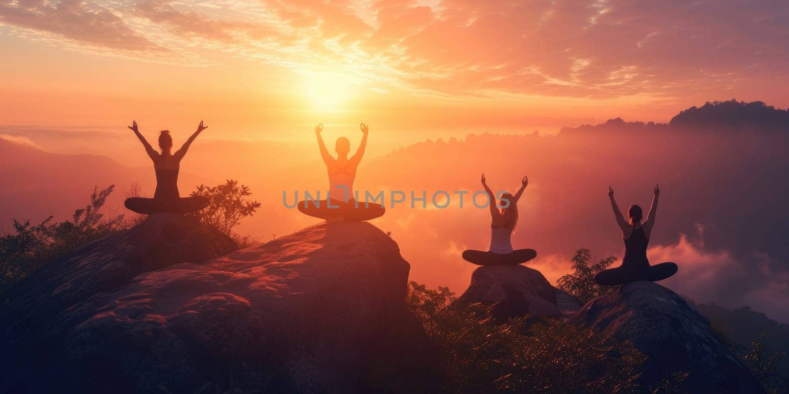 Group of people practicing yoga poses at sunrise on a mountain peak above the clouds, symbolizing peace and mindfulness. Resplendent.