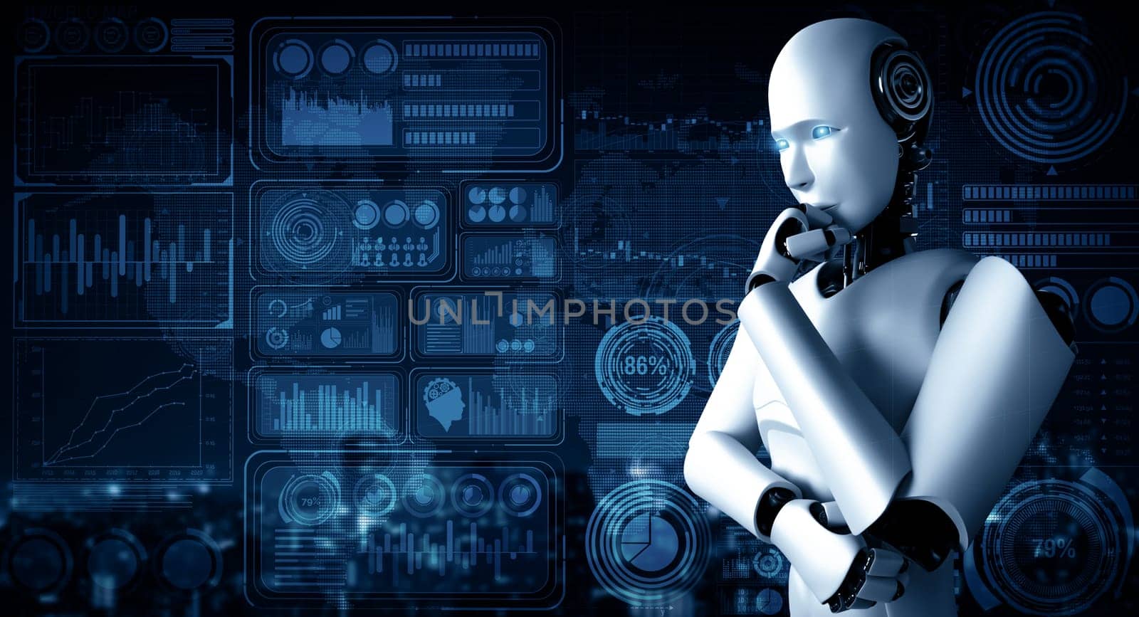 XAI 3d illustration Thinking AI humanoid robot analyzing hologram screen showing concept big data analytic using artificial intelligence by machine learning process. 3D illustration.