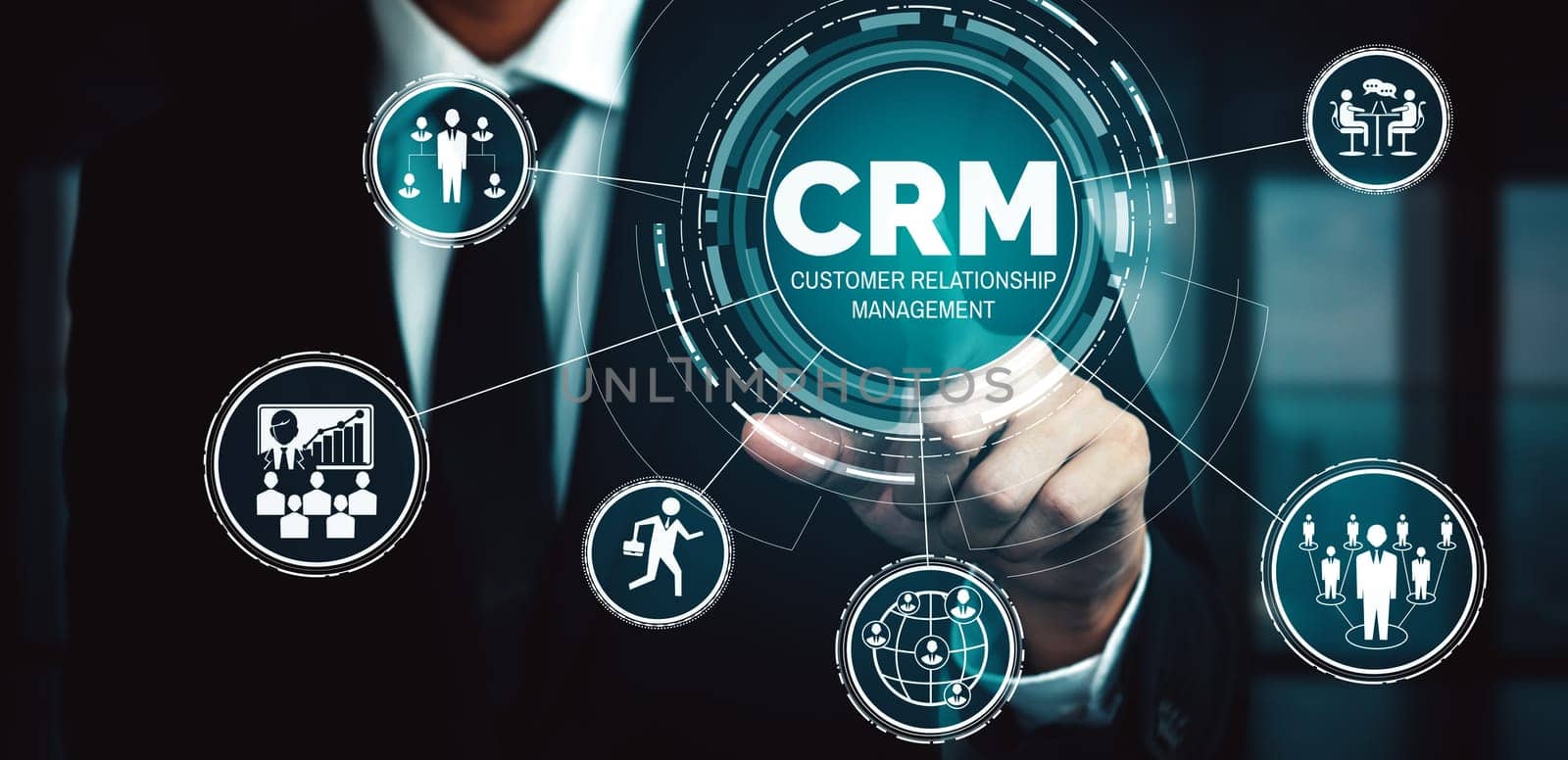 CRM Customer Relationship Management for business sales marketing system concept presented in futuristic graphic interface of service application to support CRM database analysis. uds