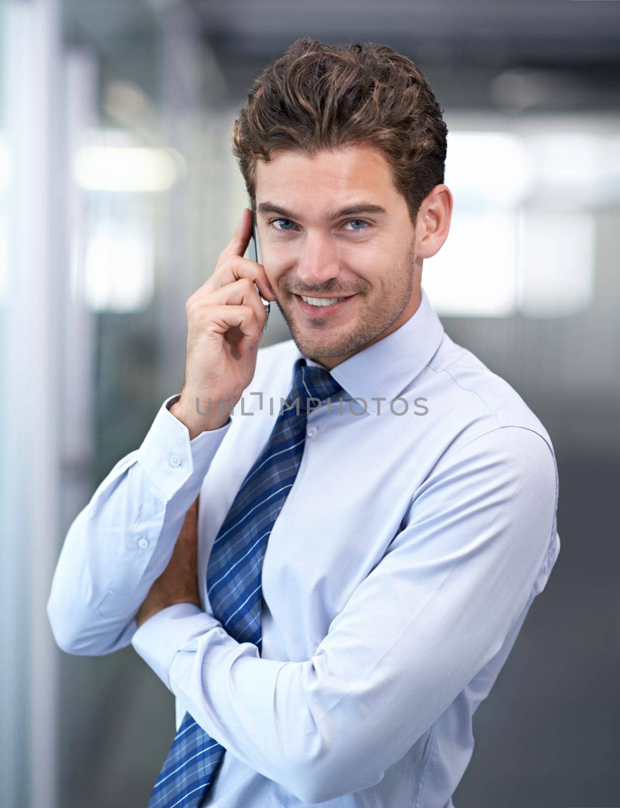 Businessman, phone call and communication in portrait, speaking and discussion on technology. Male person, b2b and mobile app for conversation or consulting, planning and connection for networking by YuriArcurs