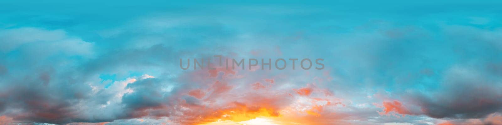 Sunset sky panorama with bright glowing pink Cumulus clouds. HDR 360 seamless spherical panorama. Full zenith or sky dome for 3D visualization, sky replacement for aerial drone panoramas. by Matiunina