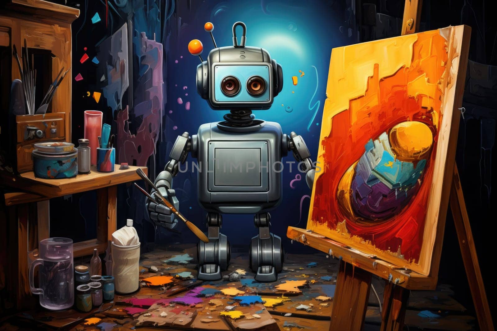 Generative AI art technology concept, robot painting picture in studio. comeliness by biancoblue