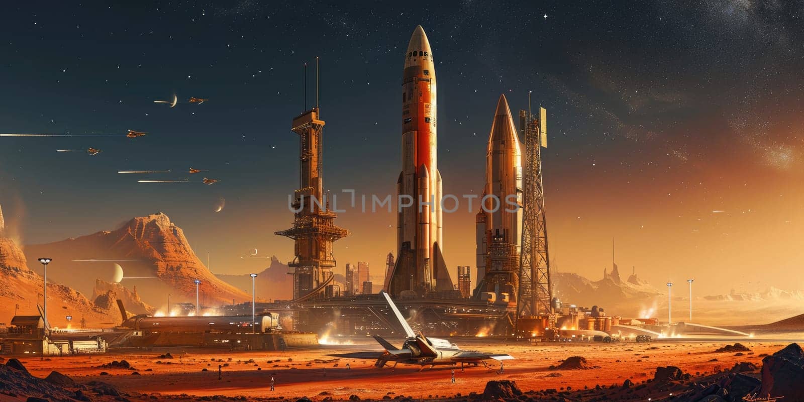 Futuristic Mars Spaceport with Starships. Resplendent. by biancoblue