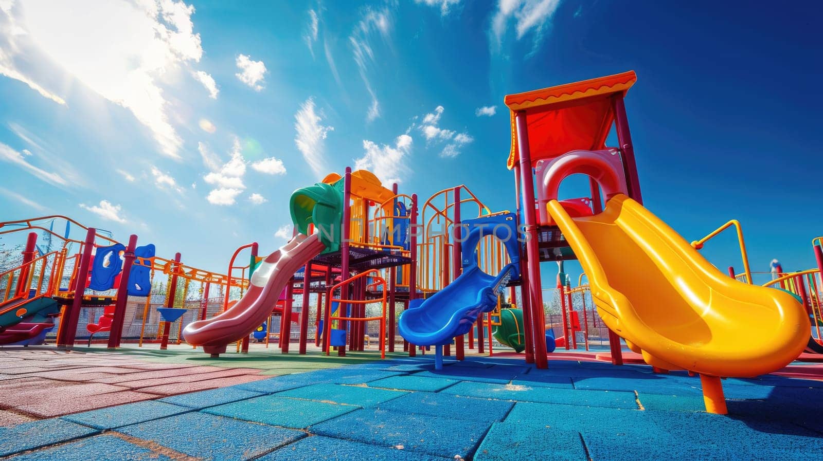Young children enjoy a sunny day playing on vibrant playground equipment in a park with slides and climbing structures. Resplendent.