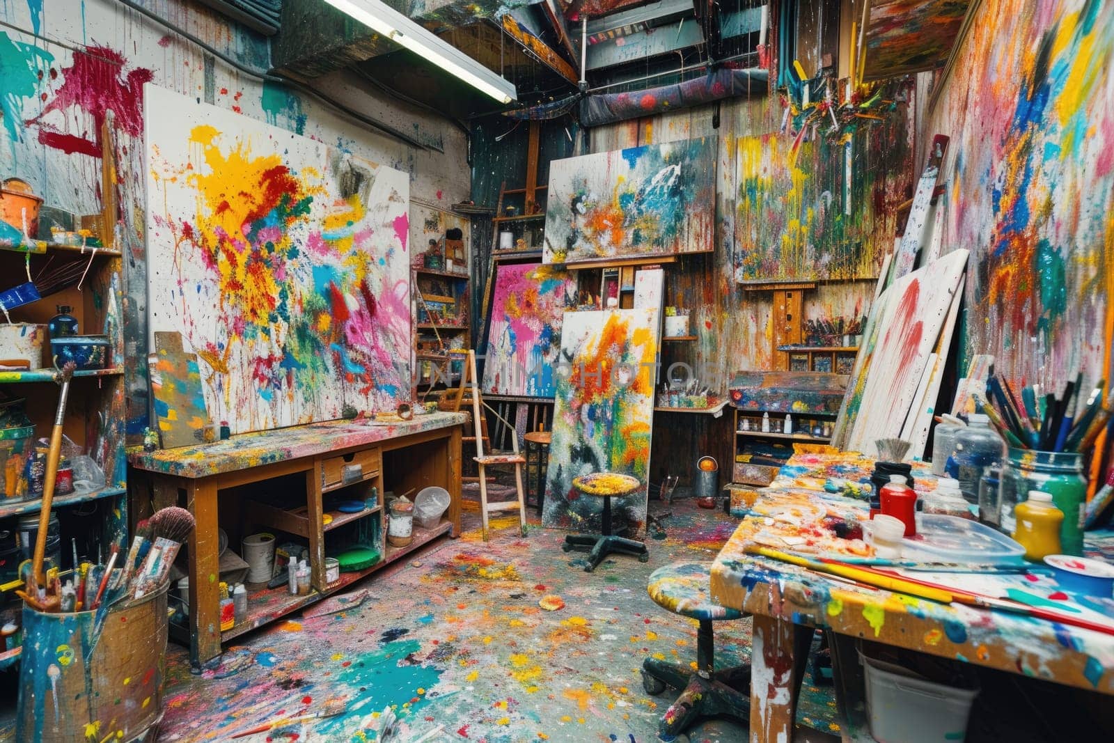 An artist's studio in full creative chaos, paint splattered. Resplendent. by biancoblue