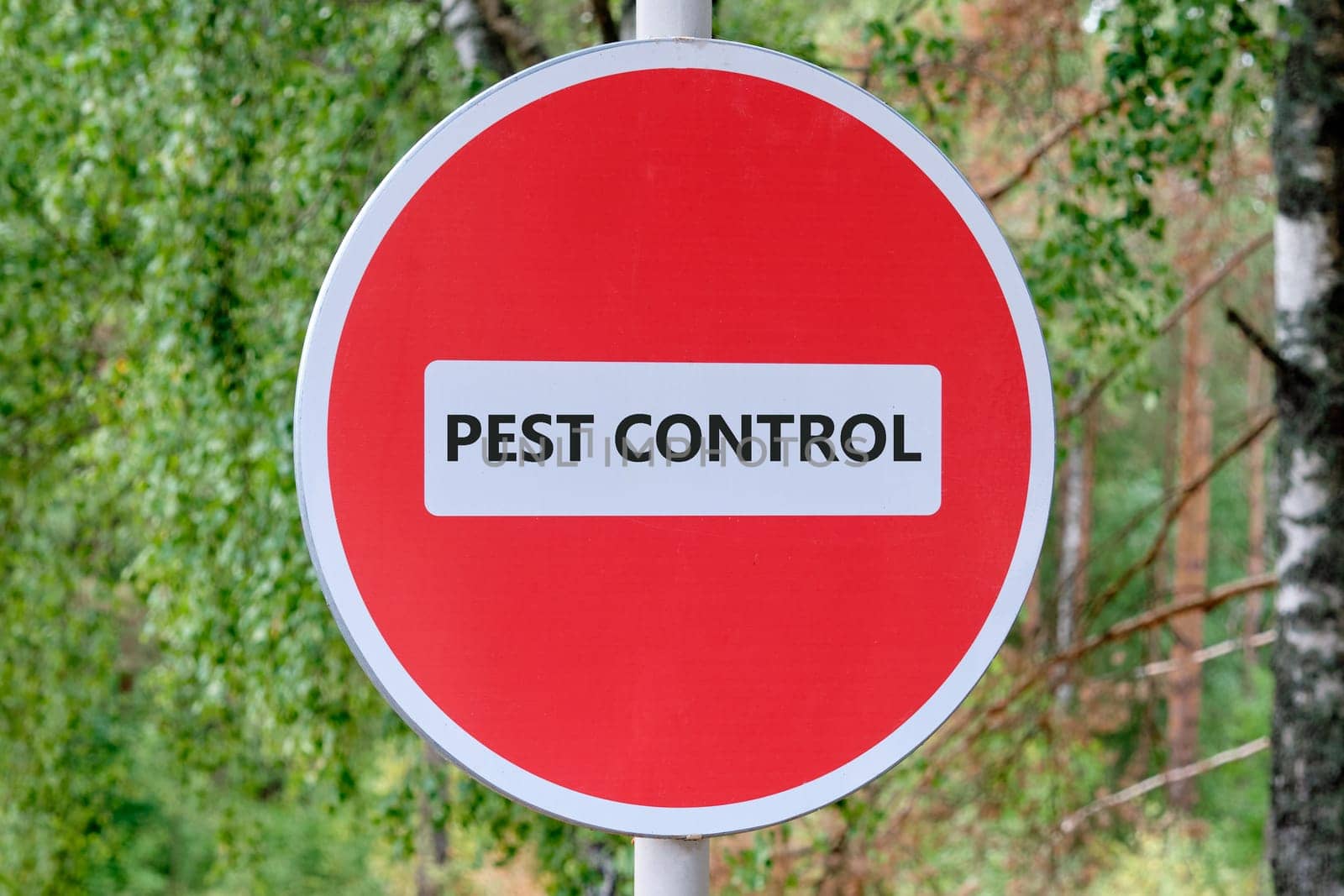 Pest control phrase written on the sign entry is prohibited against the background of the forest