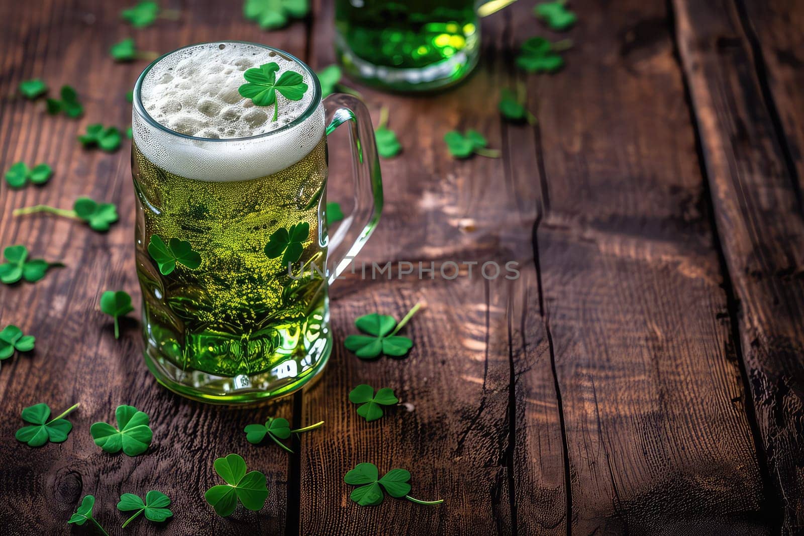 A green shamrock in honor of St. Patrick's Day, floating in cold beer