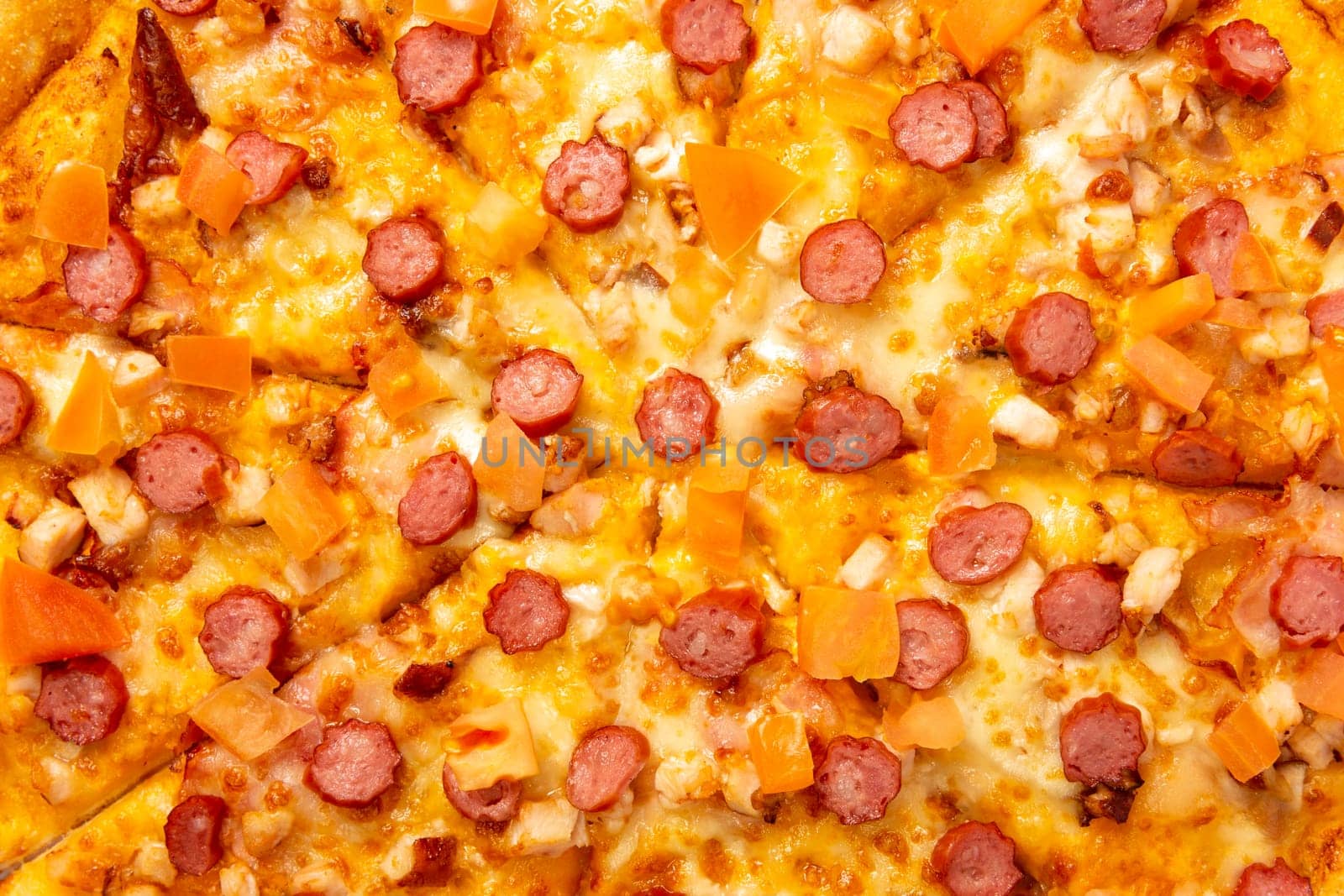 Background with delicious classic italian Pizza with sausages, chicken, pepper and cheese mozzarella. Fresh italian classic original pizza.