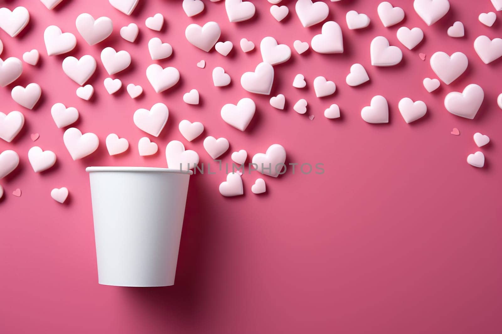 White hearts fly out of a paper cup on a pink background. Generated by artificial intelligence by Vovmar