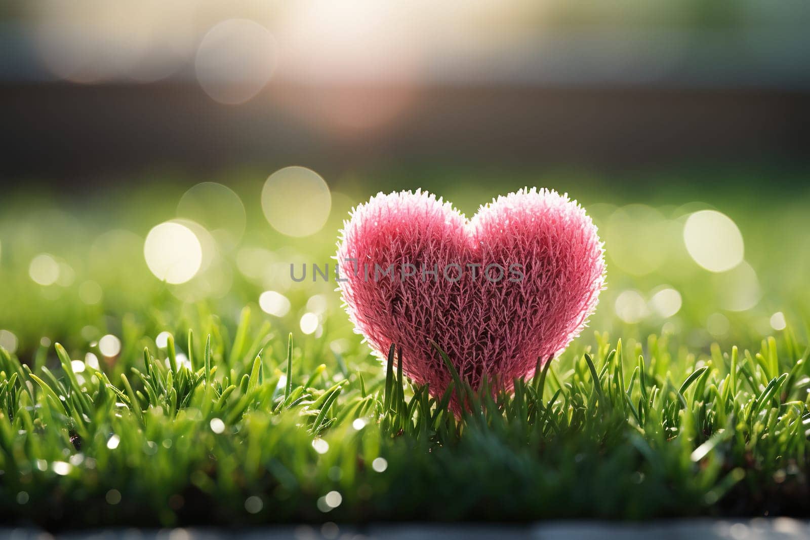 Pink heart on green lawn grass with bokeh background. Generated by artificial intelligence by Vovmar