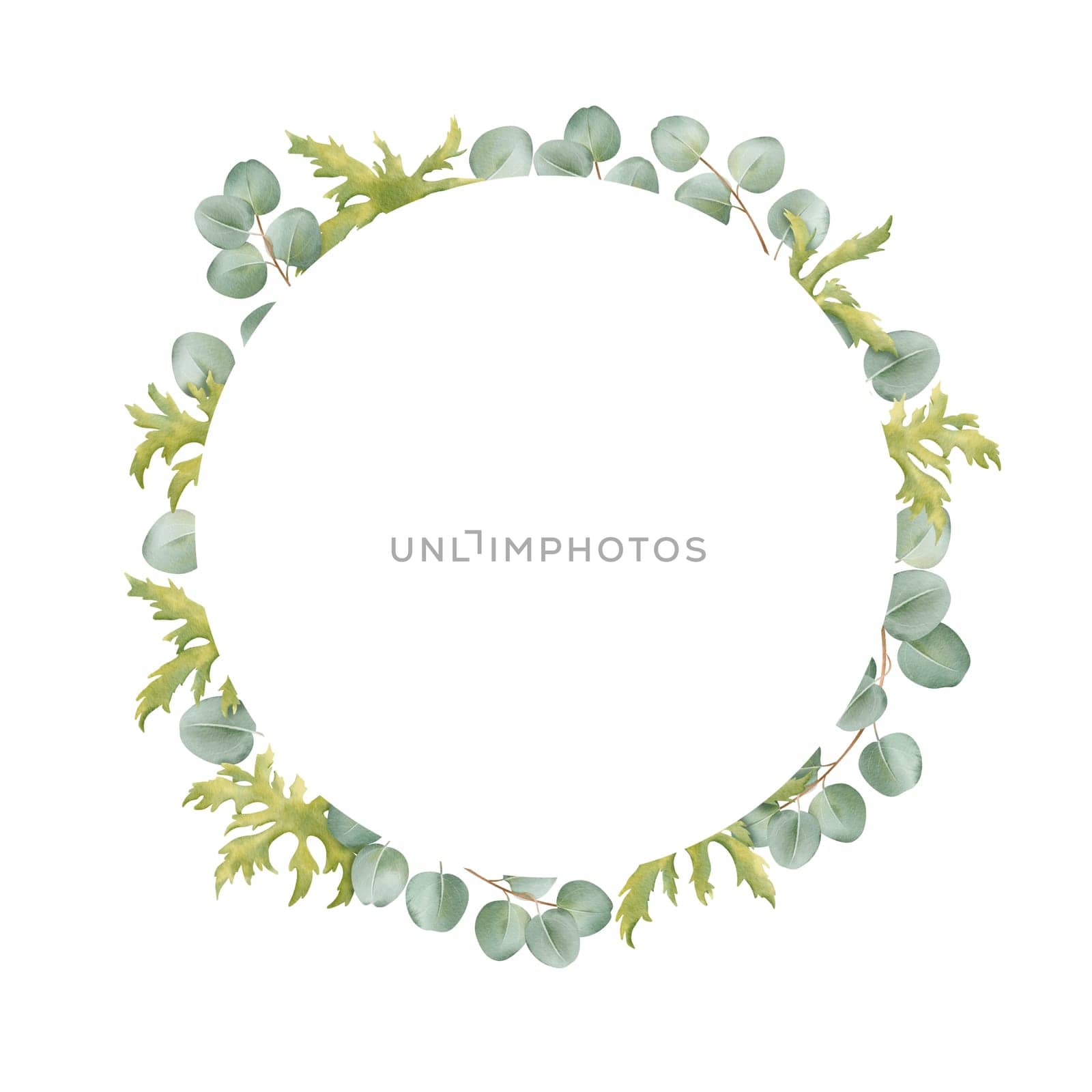 A minimalist circular frame composed of anemone leaves and eucalyptus branches. for invitations, greeting cards, posters, and social media graphics, adding an elegant touch to any project by Art_Mari_Ka