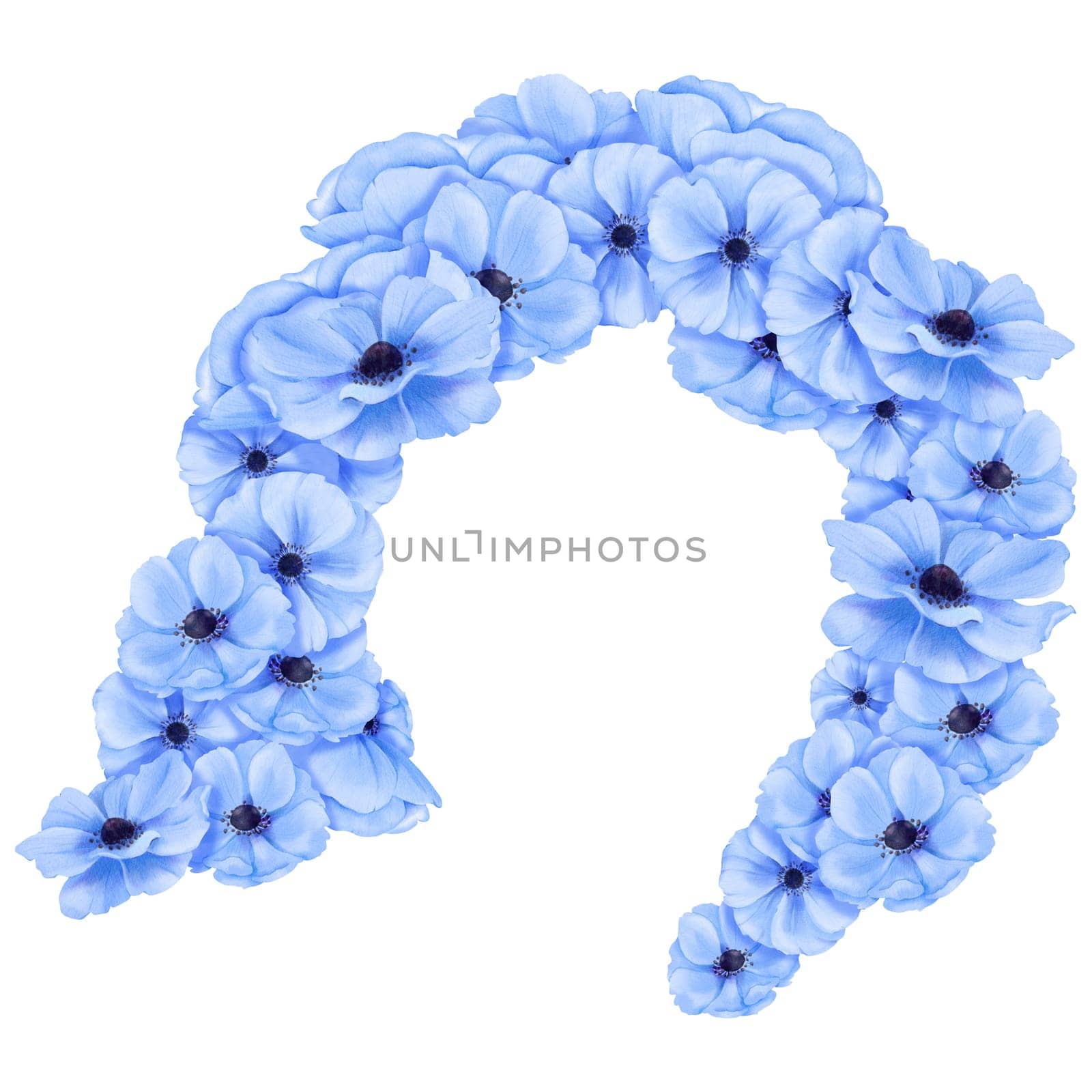 A female hairstyle adorned with blue watercolor anemones. design is for use in beauty salons, fashion magazines, hair care products, and promotional materials targeting women's styling and fashion.