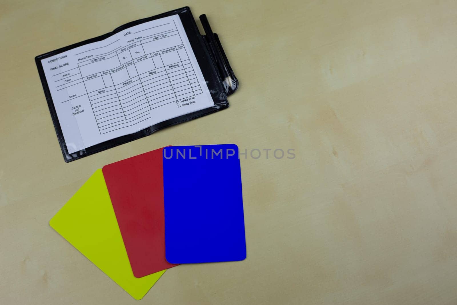 Set of referee cards for football with a new blue card due to changes in the rules of game, concept of blue card in football