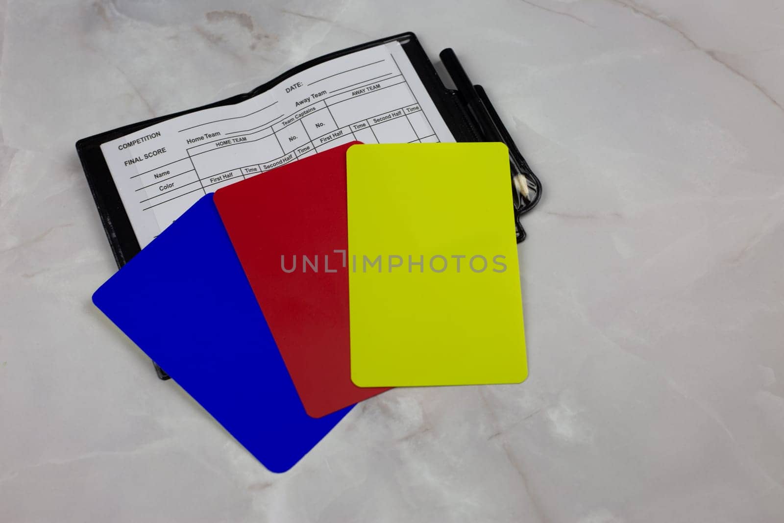 Football referee set for chest pocket, match chronology notepad and set of cards in different colors, blue, red, yellow football cards