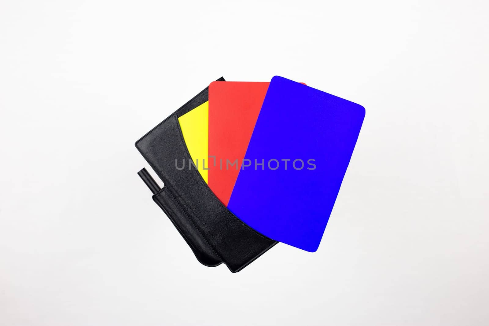 Soccer referee set for chest pocket with blue, red, yellow card, isolated on white background, blue card in football