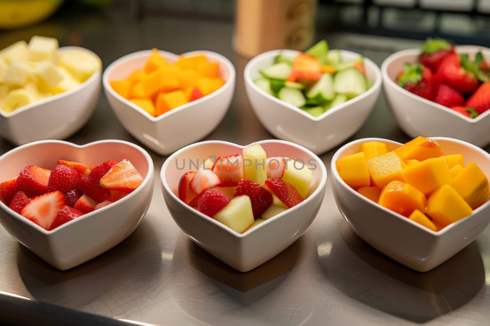 Colorful Healthy Food Heart Bowls, Generative AI.