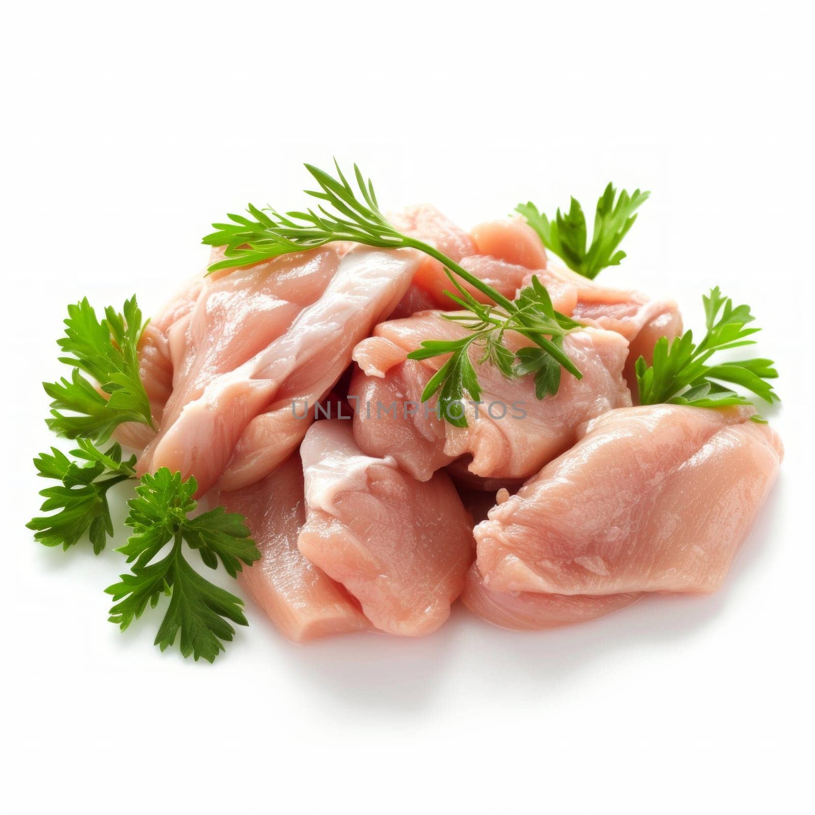 raw chicken pieces with parsley isolated on white background by papatonic