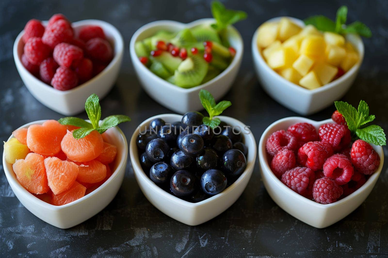 Colorful Healthy Food Heart Bowls, Generative AI.