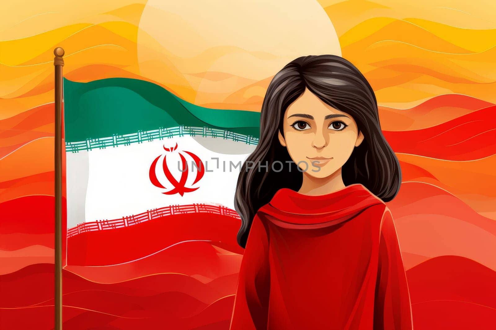 Beautiful Iranian woman with Iranian flag backgroud. Generative AI by matamnad