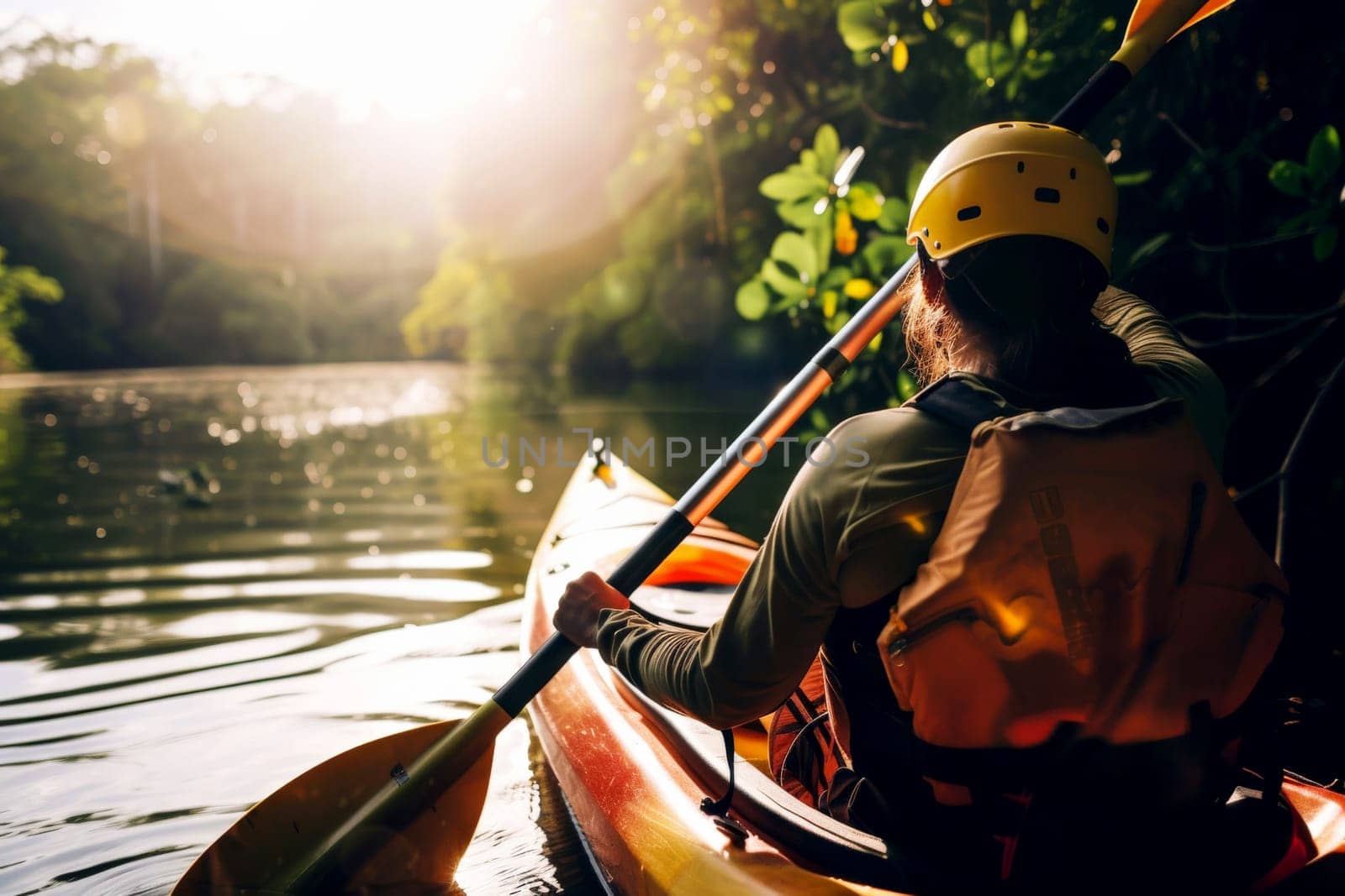 Man paddling a kayak down a river with a big copy space, Generative AI..