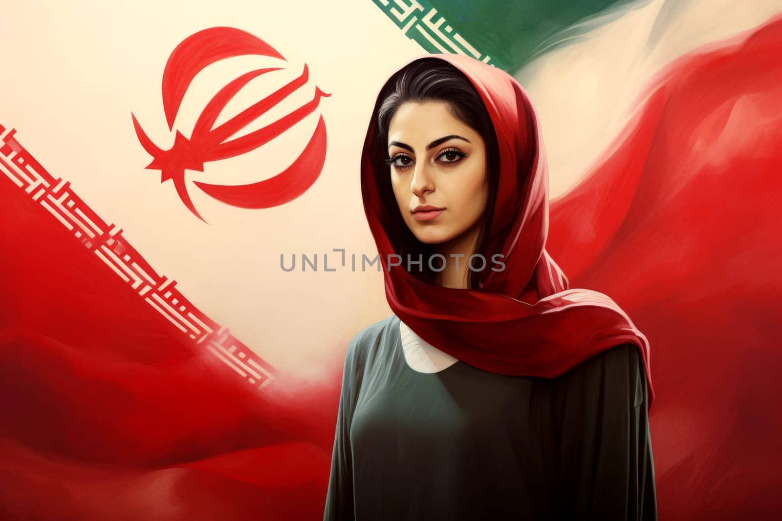 Beautiful Iranian woman with Iranian flag backgroud. Generative AI by matamnad