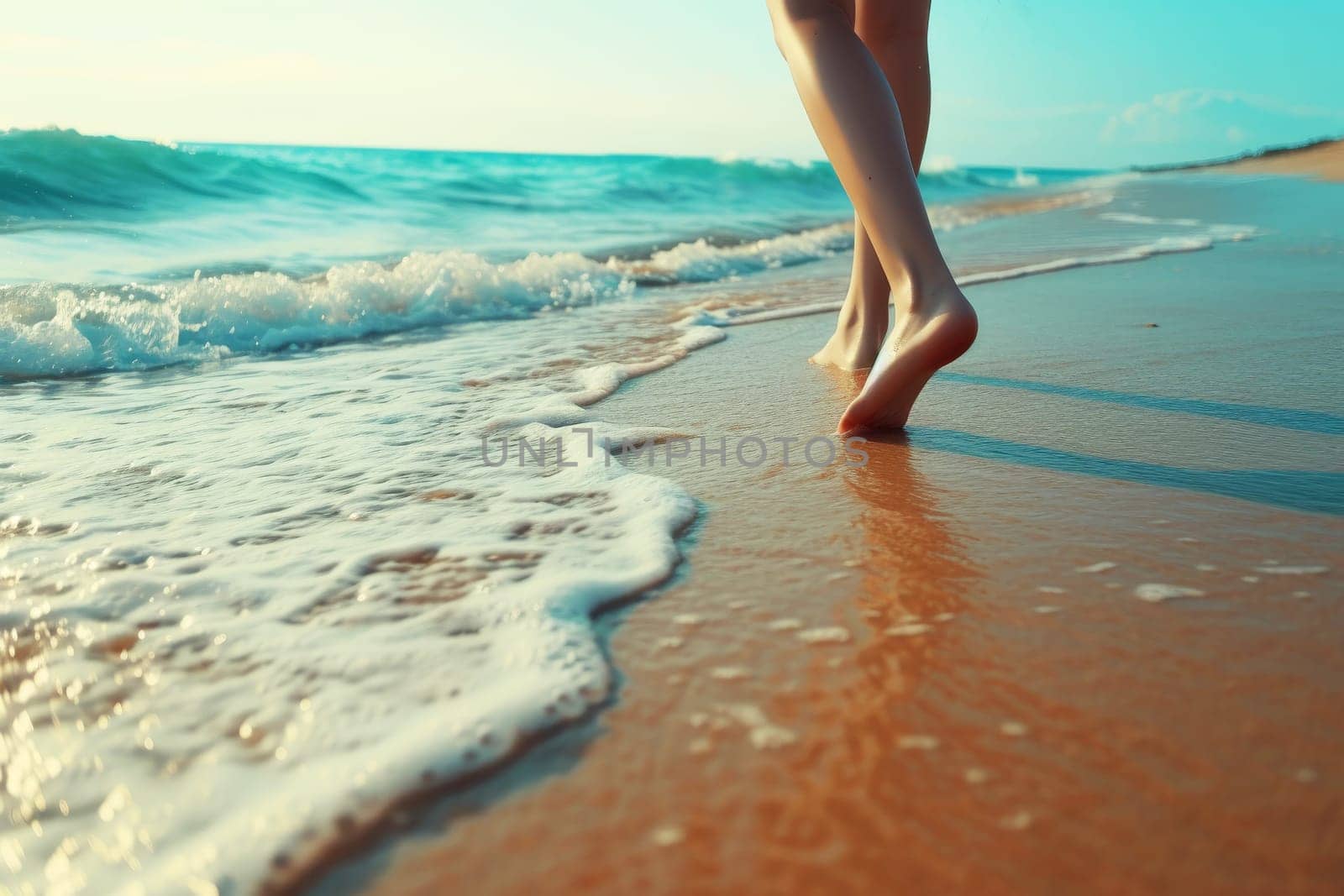 Women's legs on the beach near the sea. Travel concept. AI generated, human enhanced by matamnad