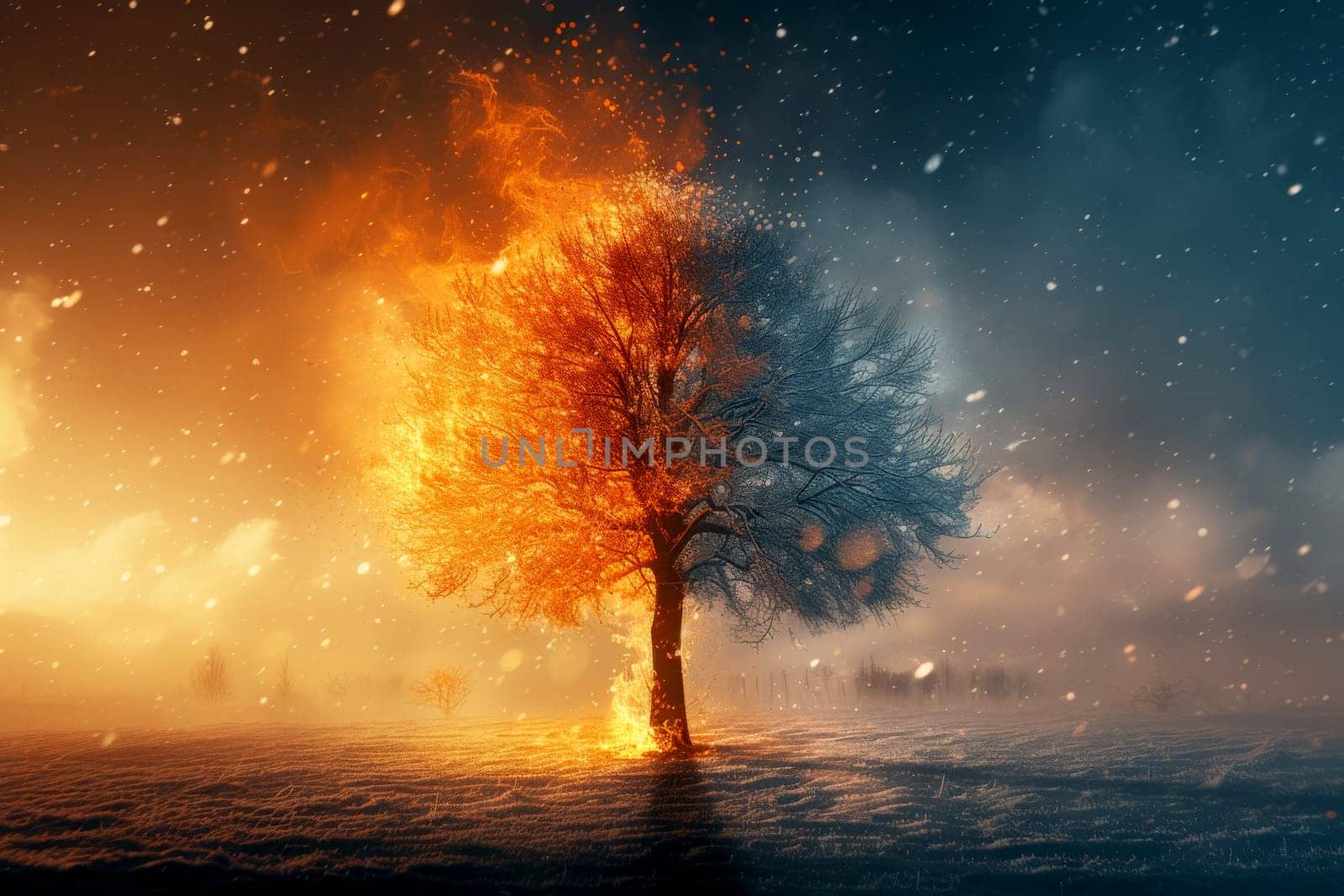 a tree fire and snow in global warming concept standing on melting ice in this world we live in, Climate Crisis in the Arctic, generative ai by matamnad