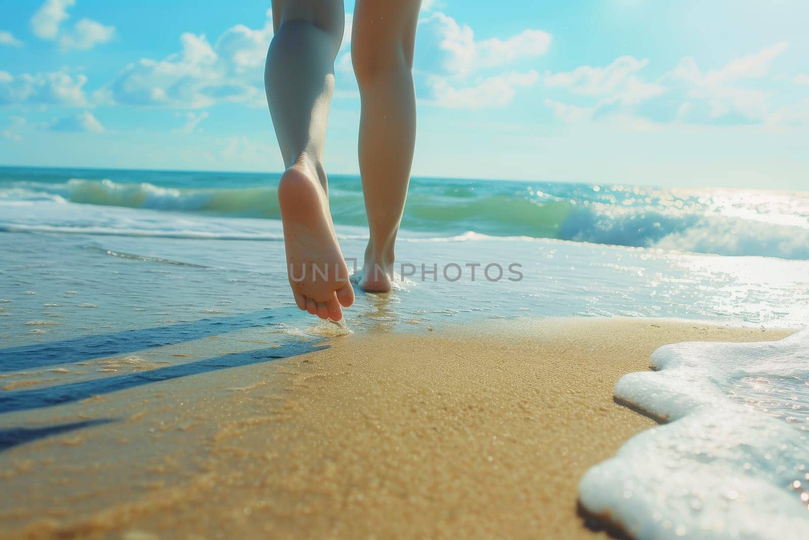 Women's legs on the beach near the sea. Travel concept. AI generated, human enhanced by matamnad