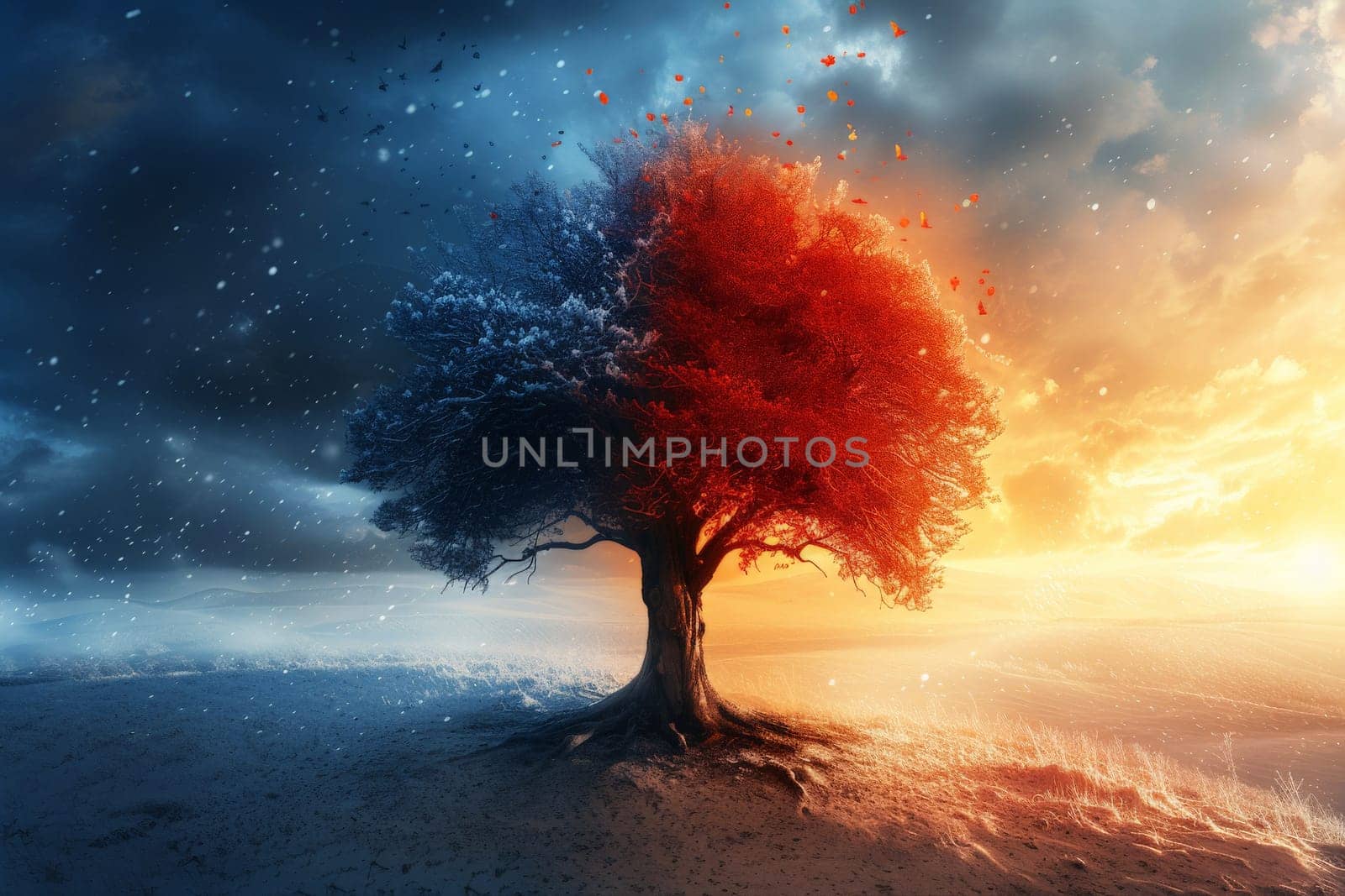 a tree fire and snow in global warming concept standing on melting ice in this world we live in, Climate Crisis in the Arctic, generative ai by matamnad