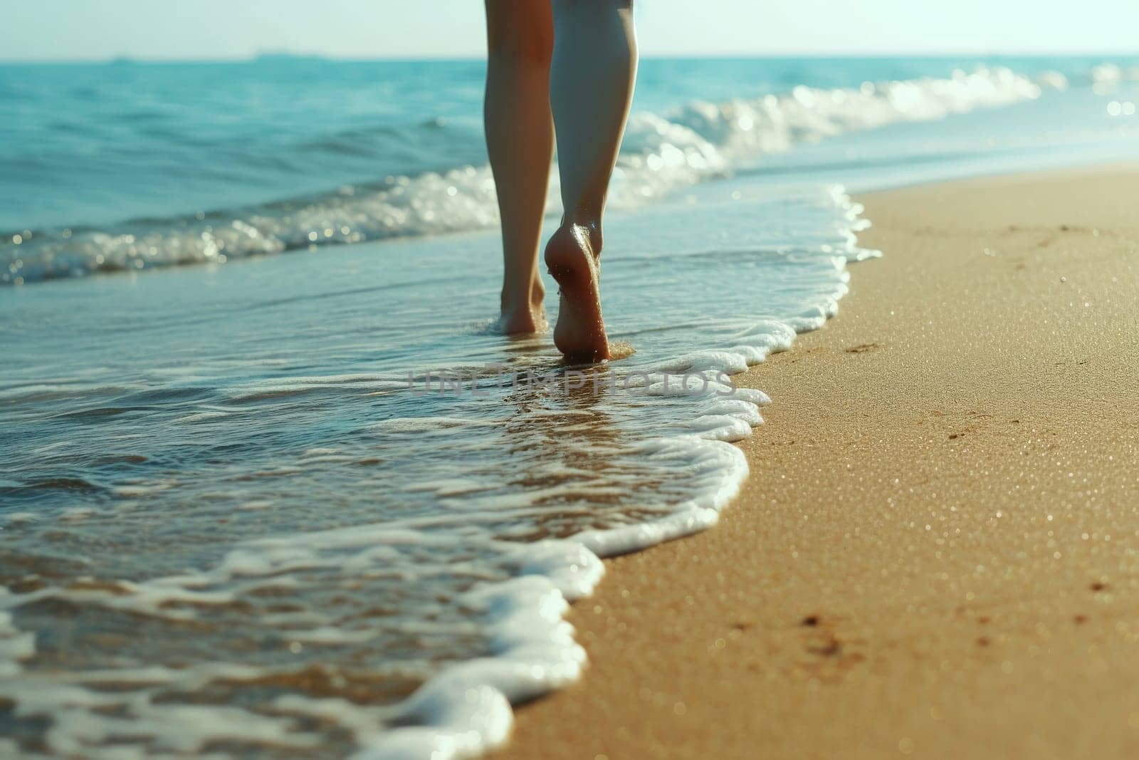 Women's legs on the beach near the sea. Travel concept. AI generated, human enhanced.