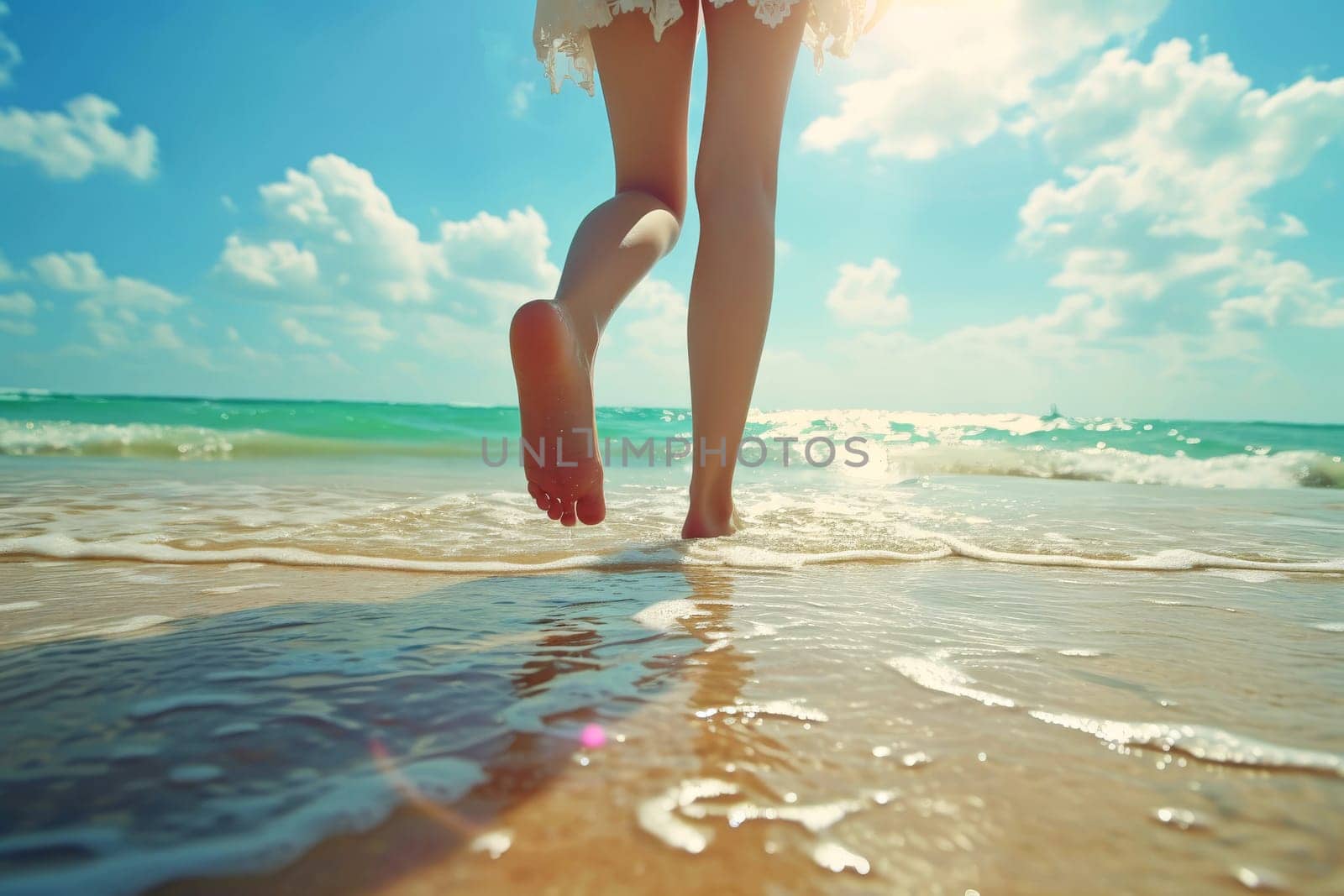 Women's legs on the beach near the sea. Travel concept. AI generated, human enhanced by matamnad