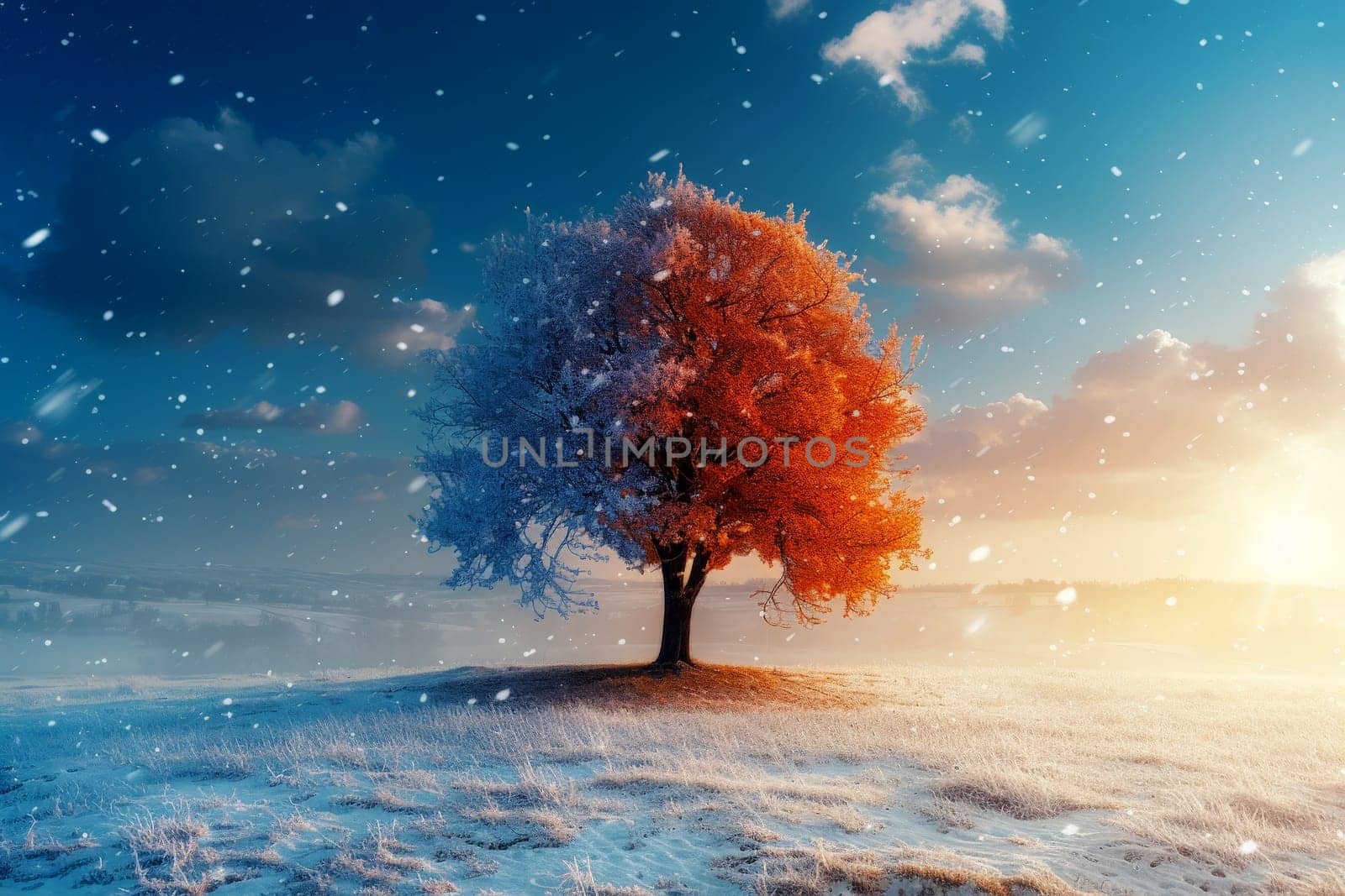 a tree fire and snow in global warming concept standing on melting ice in this world we live in, Climate Crisis in the Arctic, generative ai by matamnad